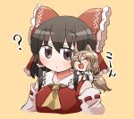  2girls ? animal_ears ascot bangs bare_shoulders blush bow breasts brown_eyes brown_hair chibi closed_eyes closed_mouth collar collared_dress detached_sleeves dress eyebrows_visible_through_hair eyes_visible_through_hair fox_ears fox_tail green_bow hair_between_eyes hair_ornament hair_tubes hakurei_reimu jumpsuit kudamaki_tsukasa light_brown_hair long_sleeves looking_at_another medium_breasts minigirl multiple_girls open_mouth puffy_short_sleeves puffy_sleeves red_bow red_dress rokugou_daisuke romper short_hair short_sleeves simple_background sitting sitting_on_person smile tail touhou upper_body white_sleeves wide_sleeves yellow_ascot yellow_background 