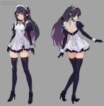  1girl back black_hair breasts brown_eyes commentary_request dress earrings elbow_gloves expressionless fanbox_username from_behind full_body gloves hair_ornament high_heels highres jewelry long_hair looking_back maid maid_headdress medium_breasts multicolored_hair multiple_views original pointy_ears profile purple_gloves siino simple_background skin_tight skindentation sleeveless sleeveless_dress standing streaked_hair thighhighs twitter_username two_side_up white_dress wrist_cuffs 