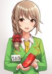  1girl absurdres bangs blush braid brown_eyes brown_hair can collared_shirt commentary_request energy_drink eyebrows_visible_through_hair gradient gradient_background green_jacket grey_background hair_ornament hair_over_shoulder hair_scrunchie highres holding holding_can idolmaster idolmaster_cinderella_girls idolmaster_cinderella_girls_starlight_stage jacket mitsumine_raimu name_tag necktie red_scrunchie scrunchie senkawa_chihiro shirt single_braid solo star_(symbol) upper_body white_background white_shirt yellow_necktie 