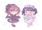  2girls angel_wings bat_wings black_dress black_footwear black_hair black_hairband brown_hair chibi dress fangs flower flower_wreath fukumaru_koito full_body hair_flower hair_ornament hairband hairclip highres higuchi_madoka idolmaster idolmaster_shiny_colors looking_at_viewer mole mole_under_eye multiple_girls open_mouth osushiyasan purple_eyes short_hair skin_fangs sparkle twintails white_dress white_footwear wings 