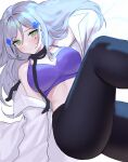  1girl bangs black_legwear black_pants blush bra breasts closed_mouth collarbone commentary crossed_bangs eyebrows_visible_through_hair facial_mark girls&#039;_frontline green_eyes hair_between_eyes hair_ornament hk416_(girls&#039;_frontline) leggings light_blue_hair long_hair looking_at_viewer lying medium_breasts on_back open_clothes open_shirt pants purple_bra purple_sports_bra ribbon shirt silver_hair siun solo sports_bra teardrop teardrop_facial_mark teardrop_tattoo thighs underwear white_background white_shirt 