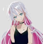  1girl bare_shoulders black_shirt blue_eyes braid breast_tattoo breasts cevio character_name cleavage collarbone commentary expressionless grey_background head_tilt highres ia_(vocaloid) kakine long_hair looking_at_viewer multicolored_hair pendant_choker pink_hair shirt side_braids simple_background small_breasts solo spaghetti_strap tattoo two-tone_hair very_long_hair vocaloid white_hair 
