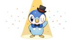  arm_up black_bow black_bowtie blue_eyes bow bowtie closed_mouth commentary_request confetti hat hatted_pokemon looking_at_viewer no_humans official_art one_eye_closed piplup pokemon pokemon_(creature) project_pochama smile solo standing toes white_background 
