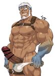  1boy abs aegir_(housamo) anchor_earrings aqua_hair bar_censor bara beard blue_eyes bulge censored chest_harness clothes_pull clothing_aside come_hither dark-skinned_male dark_skin earrings erection eyewear_on_head facial_hair feet_out_of_frame fingernails fins fish_boy harness highres jewelry kirupi large_pectorals large_penis leather male_focus male_pubic_hair male_swimwear mature_male multicolored_hair muscular muscular_male navel nipples pectorals penis pubic_hair pulled_by_self seductive_smile sharp_fingernails short_hair single_earring skindentation smile solo stomach streaked_hair sunglasses swim_briefs swimsuit swimsuit_aside tan tanlines thick_thighs thighs tokyo_afterschool_summoners topless_male veins veiny_penis white_hair white_male_swimwear 