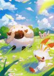  blurry brown_eyes closed_mouth cloud commentary_request day grass highres hitsuma_bushi_(rukon) leaves_in_wind looking_up minccino no_humans open_mouth outdoors pokemon pokemon_(creature) scorbunny sky smile standing toes wooloo 