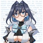  1girl =3 background_text blue_eyes blue_hair bow bow_earrings breasts cleavage_cutout clothing_cutout crossed_arms detached_sleeves earrings english_text glasses hair_intakes hair_ribbon heart-shaped_gem highres hololive hololive_english jewelry large_breasts multicolored_eyes ouro_kronii persocon93 ribbon ribbon_earrings simple_background solo underboob underboob_cutout upper_body virtual_youtuber zipper zipper_pull_tab 