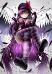  1girl akemi_homura akuma_homura bare_shoulders black_feathers black_hair breasts crossed_legs dark_orb_(madoka_magica) elbow_gloves feathers gloves glowing glowing_eyes highres long_hair looking_at_viewer mahou_shoujo_madoka_magica mahou_shoujo_madoka_magica_movie patreon_username purple_eyes purple_footwear purple_hair red_ribbon ribbon side_slit small_breasts solo soul_gem thighhighs thighs white_background wings zasshu 