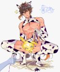  1boy abs alternate_costume animal_ears animal_print bangs bare_pectorals bikini bottle brown_hair chest_harness clothes_lift cow_boy cow_ears cow_print cow_tail ear_tag genshin_impact godwkgodwk gradient_hair grey_background hair_between_eyes harness highres hooves lactation lifted_by_self long_hair male_focus male_lactation milk_bottle milking_machine multicolored_hair nipples orange_hair parted_lips pectorals pelvic_curtain pelvic_curtain_lift ponytail seelie_(genshin_impact) simple_background squatting sweat swimsuit tail thighhighs toned toned_male yellow_eyes zhongli_(genshin_impact) 