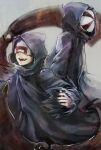  2boys :d bin_brothers_(tokyo_ghoul) black_hair brothers cloak commentary_request eye_mask fang grey_background half_mask hood hood_up hooded_cloak kagune_(tokyo_ghoul) long_sleeves male_focus mask multiple_boys open_mouth siblings simple_background smile straw_like teeth tokyo_ghoul torn_cloak torn_clothes upper_teeth 