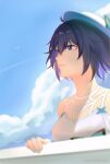  1girl antenna_hair bangs bare_shoulders blue_eyes blue_hair blue_sky blurry blurry_foreground closed_mouth cloud cloudy_sky dress hair_between_eyes hand_on_railing honkai_(series) honkai_impact_3rd multicolored_hair outstretched_arms seele_vollerei seele_vollerei_(swallowtail_phantasm) short_hair sky sleeveless sleeveless_dress solo streaked_hair summer summer_uniform sundress white_dress white_headwear wu_geng_master 