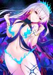  1girl bangs bare_shoulders blue_fire blue_hair blush body_markings bracelet breasts earrings fate/grand_order fate_(series) finger_heart fire flower hair_flower hair_ornament hair_ribbon jewelry kama_(fate) kama_(swimsuit_avenger)_(fate) large_breasts long_hair looking_at_viewer lotus mizunashi_hayate multicolored_hair navel red_eyes revealing_clothes ribbon silver_hair smile solo space star_(sky) star_(symbol) star_earrings thighs two-tone_hair 