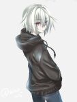  1girl akatsuki_(ggsy7885) crossdressing denim grey_hair highres hood hooded_sweater jeans original pants reverse_trap silver_hair sweater tomboy 