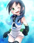  1girl bangs black_gloves black_hair black_legwear black_sailor_collar blue_hair elbow_gloves eyebrows_visible_through_hair gloves gradient_hair green_eyes hair_ribbon kantai_collection large_hands long_hair looking_at_viewer low_twintails mizuki_kyou multicolored_hair one_eye_closed open_mouth ribbon sailor_collar school_uniform simple_background skirt sleeveless solo suzukaze_(kancolle) thighhighs twintails white_skirt 