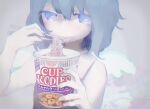  1girl angel_wings anry_(rmrnmrm) arm_up bangs bare_arms bare_shoulders blue_eyes blue_hair camisole chopsticks chromatic_aberration closed_mouth collarbone cup_noodle cup_ramen eating eyes_visible_through_hair food food_in_mouth grey_background hair_between_eyes hand_up holding holding_chopsticks holding_food looking_at_viewer looking_to_the_side muted_color nissin noodles original product_placement ramen short_hair solo spaghetti_strap upper_body wings 