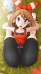 1girl bangs barefoot bike_shorts blurry bow_hairband breasts brown_hair cameltoe collarbone commentary day eyebrows_visible_through_hair eyelashes folded grass greatm8 grey_eyes hairband highres looking_at_viewer lying may_(pokemon) medium_hair mudkip on_back open_mouth orange_hairband orange_shirt outdoors pokemon pokemon_(creature) pokemon_(game) pokemon_oras shirt sleeveless sleeveless_shirt teeth toes upper_teeth 