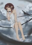  1girl absurdres asymmetrical_hair barefoot bird brown_eyes brown_hair cable closed_mouth cloud commentary dress feet hair_ornament hairclip highres iwakura_lain pan_(ryu) serial_experiments_lain short_hair sitting sleeveless solo sundress white_dress x_hair_ornament 