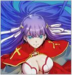  1girl aoba_(smartbeat) bangs blue_eyes blunt_bangs breasts capelet center_opening cleavage fate/grand_order fate_(series) hair_ribbon large_breasts long_hair looking_at_viewer martha_(fate) purple_hair red_capelet ribbon smile solo 
