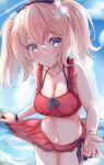  1girl alternate_breast_size alternate_costume alternate_hairstyle azur_lane beach blonde_hair blue_eyes blush breasts cleavage eyebrows_visible_through_hair highres large_breasts leander_(azur_lane) long_hair looking_at_viewer platinum_blonde_hair smile solo swimsuit twintails umidemi 