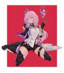  1girl bangs black_footwear black_gloves blue_eyes boots border breasts cleavage elysia_(honkai_impact) floating full_body gem gloves grin hair_between_eyes hair_ornament honkai_(series) honkai_impact_3rd kneeling long_hair looking_at_viewer open_mouth pink_hair pointy_ears red_background smile solo teeth thigh_boots thighhighs xleontan 