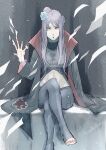  1girl akatsuki_(naruto) akatsuki_uniform alternate_hair_length alternate_hairstyle bangs black_coat black_dress black_pants blue_hair breasts closed_mouth coat crossed_legs dress flower hair_flower hair_ornament hand_up highres konan_(naruto) labret_piercing long_hair long_sleeves looking_at_viewer meitarou midriff nail_polish naruto_(series) naruto_shippuuden open_clothes open_coat orange_eyes pants paper piercing short_hair sitting solo swept_bangs toeless_footwear toes twitter_username zipper zipper_pull_tab 