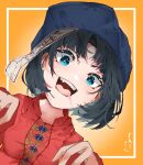 1girl bangs black_hair blue_eyes blue_headwear breasts collarbone from_below gradient gradient_background hat highres jiangshi looking_at_viewer miyako_yoshika ofuda open_mouth orange_background outstretched_arms red_shirt saliva shirt short_hair short_sleeves small_breasts solo teeth tongue touhou upper_body upper_teeth xmj6teuc zombie_pose 