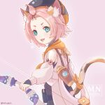  :3 animal_ears bag bangs_pinned_back black_shorts bow_(weapon) cat_ears cat_girl cat_tail cocktail_shaker detached_sleeves diona_(genshin_impact) forehead genshin_impact gloves green_eyes hat holding holding_bow_(weapon) holding_weapon mouth_hold paw_print_palms pink_background pink_hair puffy_detached_sleeves puffy_shorts puffy_sleeves ribbon shorts tail tail_ornament tail_ribbon thick_eyebrows vision_(genshin_impact) vurupin weapon white_gloves 