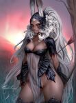  1girl aleriia_v animal_ears arrow_(projectile) black_leotard bow_(weapon) breasts cleavage cowboy_shot dark-skinned_female dark_skin ears_through_headwear final_fantasy final_fantasy_xii fran_(ff12) grass helmet high_ponytail highleg highleg_leotard highres holding holding_arrow holding_bow_(weapon) holding_weapon large_breasts leotard lips long_hair low_neckline navel pelvic_curtain ponytail rabbit_ears red_eyes revealing_clothes see-through_clothes see-through_pelvic_curtain short_sleeves solo sun thighhighs tree v-shaped_eyebrows very_long_hair viera weapon white_hair 