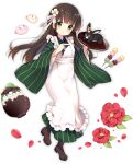  1girl anko_(gochiusa) apron ark_order artist_request bangs black_hair boots brown_footwear bunny dango flower food frilled_apron frills full_body gochuumon_wa_usagi_desu_ka? green_eyes green_kimono hair_flower hair_ornament hair_ribbon holding holding_tray japanese_clothes kimono long_hair long_sleeves looking_at_viewer mochi official_art pinstripe_pattern red_flower ribbon sanshoku_dango smile solo striped tachi-e transparent_background tray ujimatsu_chiya very_long_hair wagashi white_apron wide_sleeves 