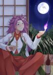  1girl blouse dress_shirt full_moon hakama hakama_pants highres japanese_clothes jun&#039;you_(kancolle) kantai_collection long_hair magatama moon night night_sky onmyouji pants purple_eyes purple_hair red_hakama shikigami shirt sitting sky solo spiked_hair taira_yuuki vest 