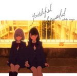  2girls album_cover backlighting black_legwear blazer blue_skirt closed_eyes cover cursive english_text evening feet_out_of_frame gridman_universe highres holding_hands jacket kneehighs multiple_girls official_art outside_border photo_background photo_inset railing rooftop school_uniform shinjou_akane sitting skirt ssss.gridman takarada_rikka 