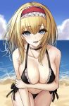  .me 1girl alice_margatroid alternate_costume bangs beach bikini black_bikini blonde_hair blue_eyes breast_hold breasts choker cleavage eyebrows_visible_through_hair frilled_bikini frills hair_between_eyes hairband halterneck large_breasts looking_at_viewer ocean open_mouth side-tie_bikini solo swimsuit touhou 