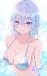  1girl alternate_costume arms_behind_back bikini blue_hair breasts collarbone commentary_request halterneck highres idolmaster idolmaster_shiny_colors koya_(koya_x_00) large_breasts long_hair looking_at_viewer purple_eyes side-tie_bikini_bottom signature smile solo straight_hair suzuki_hana swimsuit upper_body very_long_hair white_bikini 