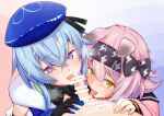  1girl 2boys animal_ears arknights artist_name bar_censor bisexual_male black_bow black_collar black_gloves black_hairband black_ribbon blue_background blue_hair blue_hat bow boy_and_girl_sandwich breath bright_pupils cat_ears cat_girl censored clothed_female_nude_male clothed_male_nude_male clothed_sex collar commentary_request cooperative_fellatio creator_connection crossed_bangs cum cum_on_body cum_on_hair cum_on_penis dated erection facial fellatio floppy_ears from_above gloves goldenglow_(arknights) gradient_background group_sex hair_between_eyes hair_bow hairband hat hat_ribbon infection_monitor_(arknights) licking licking_penis lightning_bolt_print lightning_bolt_symbol long_sleeves looking_at_viewer marianne_hanako mizuki_(arknights) mmf_threesome multiple_boys nude oral otoko_no_ko penis pink_background pov pov_crotch print_bow print_hairband purple_eyes ribbon saliva saliva_on_penis saliva_trail sandwiched short_hair_with_long_locks teamwork_(sexual) threesome tongue tongue_out twitter_username variant_set white_pupils yellow_eyes 