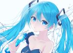  1girl :o absurdres bare_shoulders blue_eyes blue_hair blurry bottle breasts cleavage collarbone commentary cup eyebrows_visible_through_hair eyelashes frilled_armband hair_between_eyes hair_ornament hatsune_miku highres holding holding_bottle holding_cup lex_suri12 long_hair looking_at_viewer open_mouth ramune simple_background solo twintails upper_body vocaloid watercraft white_background 