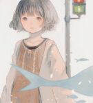  1girl bob_cut commentary_request fish flying_fish grey_eyes grey_hair highres jacket light_particles open_clothes open_jacket orie_h original parted_lips short_hair traffic_light upper_body 
