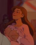  1boy 1girl blurry blurry_background breasts brown_eyes brown_hair brown_theme clothes_lift collarbone from_side hetero huge_breasts indoors jcm2 long_hair mature_female paizuri sarah_hawkins shirt shirt_lift smile solo_focus sweat treasure_planet 