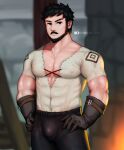  1boy bara barra.kun.7 beard black_eyes black_hair blacksmith blurry blurry_background blush brown_gloves bulge closed_mouth commentary covered_abs covered_navel covered_nipples cowboy_shot cross-laced_clothes cross-laced_slit cross-laced_top facial_hair genshin_impact gloves hands_on_hips highres large_pectorals looking_at_viewer male_focus mature_male muscular muscular_male mustache pectoral_cleavage pectorals short_hair solo symbol-only_commentary thighs v-neck v-shaped_eyebrows wagner_(genshin_impact) 