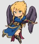  1girl blonde_hair boots breasts breath_of_fire breath_of_fire_ii chibi closed_mouth dress full_body green_eyes ibara. long_hair nina_(breath_of_fire_ii) purple_wings side_slit simple_background solo wings 