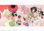  3girls 5pb. aqua_bloomers ass babydoll bed_sheet bird black_hair bloomers blue_babydoll blue_bow blue_ribbon blue_socks bow bow_hairband bracelet brown_hair cup daitoku_junna dark-skinned_female dark_skin donut dress feet food food_in_mouth frilled_dress frills fruit fruit_tart green_bloomers hair_bow hairband headband heart heart-shaped_pillow highres holding holding_food horizontal-striped_socks jewelry kneeling koujiro_frau lace_trim leg_warmers long_hair looking_at_viewer lying macaron multiple_girls navel nightgown notebook official_art on_bed on_shoulder on_side open_mouth parrot pillow pink_bow pink_nightgown pocky pocky_in_mouth ribbon ribbon_trim robotics;notes senomiya_akiho sleeveless sleeveless_dress smile socks spaghetti_strap stirrup_footwear stirrup_legwear stomach strawberry strawberry_tart striped_clothes striped_socks sweets tan tart_(food) tea teacup teeth thighhighs toeless_legwear toes tongue toy_robot wagashi white_thighhighs wrist_cuffs yellow_nightgown yellow_socks 