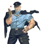  1boy alternate_costume bara beard blowing_kiss blue_shirt bulge facial_hair hand_on_hip hand_up hat hogen_(housamo) jacket jacket_on_shoulders male_focus muscular muscular_male mustache one_eye_closed pikako182 pocket scar shirt simple_background solo standing thigh_strap tokyo_afterschool_summoners white_background white_hair 
