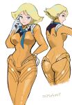  1girl ass blonde_hair blue_eyes breasts closed_mouth commentary cropped_legs dated english_commentary gundam gundam_gquuuuuux highres looking_at_viewer mecha_pilot_suit medium_breasts military mobile_suit_gundam normal_suit_(gundam) okrdisk2000 sayla_mass science_fiction short_hair smile solo white_background 