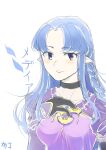  1girl absurdres black_choker blue_eyes blue_hair braid breasts choker dress fate/stay_night fate_(series) gloves hand_on_own_chest highres long_hair long_sleeves looking_at_viewer medea_(caster)_(fate) medea_(fate) pointy_ears pudding_(110402wq) side_braid simple_background smile solo white_background 