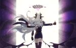  1girl belt black_belt black_gloves black_halo black_horns blue_archive coat coat_on_shoulders demon_girl demon_horns demon_wings floating_hair from_behind fur-trimmed_coat fur_collar fur_trim gloves hair_ornament halo highres hina_(blue_archive) horns jacket light_particles long_hair long_sleeves low_wings military military_jacket military_uniform miniskirt multiple_horns parody pencil_skirt purple_wings sam_browne_belt sidelocks skirt solo thighhighs white_hair wings wucai_banlan_yu yu-gi-oh! yu-gi-oh!_duel_monsters zettai_ryouiki 