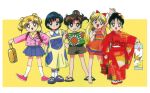  1990s_(style) 5girls :d aino_minako arm_up bangs barefoot bishoujo_senshi_sailor_moon black_eyes black_hair blonde_hair blue_eyes blue_hair blue_skirt bow briefcase brown_hair casual child double_bun dress earrings fan_print floral_print green_eyes grin hair_bobbles hair_bow hair_ornament highres hino_rei holding holding_briefcase japanese_clothes jewelry kimono kino_makoto long_hair looking_at_viewer miniskirt mizuno_ami mouse_print multiple_girls official_art open_mouth pink_footwear pleated_skirt retro_artstyle sandals scan short_hair shorts skirt slippers smile standing stud_earrings sundress tsukino_usagi twintails umbrella_print updo wide_sleeves younger 
