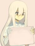  1girl bandaged_hand bandages blonde_hair boa_(brianoa) brown_eyes closed_mouth collared_shirt grey_background highres holding holding_sign looking_down original shirt short_sleeves sign simple_background smile solo template upper_body white_shirt who_(boa_(brianoa)) wing_collar 