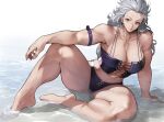  1girl absurdres bangs bare_shoulders breasts cleavage collarbone dorohedoro grey_hair highres large_breasts long_hair looking_at_viewer muscular muscular_female noi_(dorohedoro) red_eyes sitting solo yoshio_(55level) 