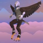 2025 3d_(artwork) accipitrid accipitriform ankle_cuffs anthro armor avian bald_eagle bdsm bird blender_(artwork) bondage bound brown_body brown_feathers cel_shading chastity_belt chastity_device clothing cloud collar cuff_(restraint) digital_media_(artwork) eagle evening feathered_wings feathers feet female flying gauntlets gloves handwear headgear helmet hi_res leg_cuffs lock looking_at_viewer looking_forward metal_chastity_belt mitokep mountain mountain_range padlock restraints sea_eagle shaded signature simple_background sky skyscape slave solo talons text toes topwear url vest wings wings_folded wrist_cuffs yellow_eyes