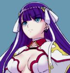  1girl aoba_(smartbeat) bangs blue_eyes blunt_bangs breasts capelet center_opening cleavage earrings fate/grand_order fate_(series) hair_ribbon jewelry large_breasts long_hair martha_(fate) purple_hair ribbon solo white_capelet 