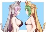  2girls ahoge animal_ears atalanta_(alter)_(fate) atalanta_(fate) bikini black_bikini blonde_hair braid breasts cat_ears dual_persona fate/apocrypha fate/grand_order fate_(series) french_braid green_eyes green_hair grey_hair halterneck large_breasts long_hair multicolored_hair multiple_girls purple_hair small_breasts swimsuit upper_body yuzu_kiro 