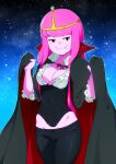  1girl adventure_time bangs black_cape black_pants blunt_bangs breasts cape cape_lift cleavage collarbone colored_skin fangs frills groin hands_up highres jcm2 long_hair medium_breasts pants pink_hair pink_skin princess_bonnibel_bubblegum red_cape shiny shiny_clothes shirt solo space tiara two-sided_cape two-sided_fabric vampire white_shirt 